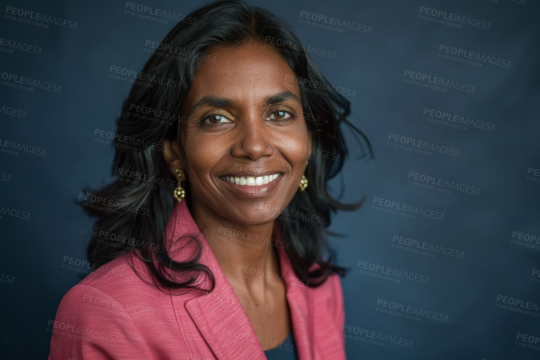 Buy stock photo Happy, portrait and business Indian woman in studio as management consultant, supervisor and sales advisor. Female employee, isolated and blue background for inspiration or wisdom and professional.