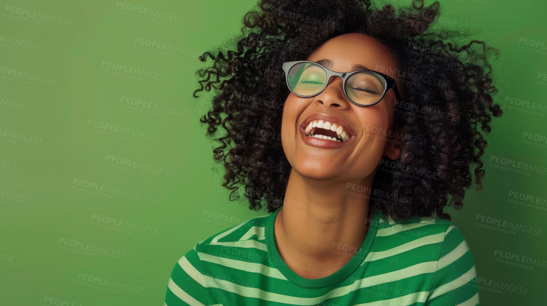 Buy stock photo Black girl, happy and smile with glasses by green background for good news, funny memory and pride in studio. Female person, face and cheerful with comic, excited and aesthetic with laugh by backdrop