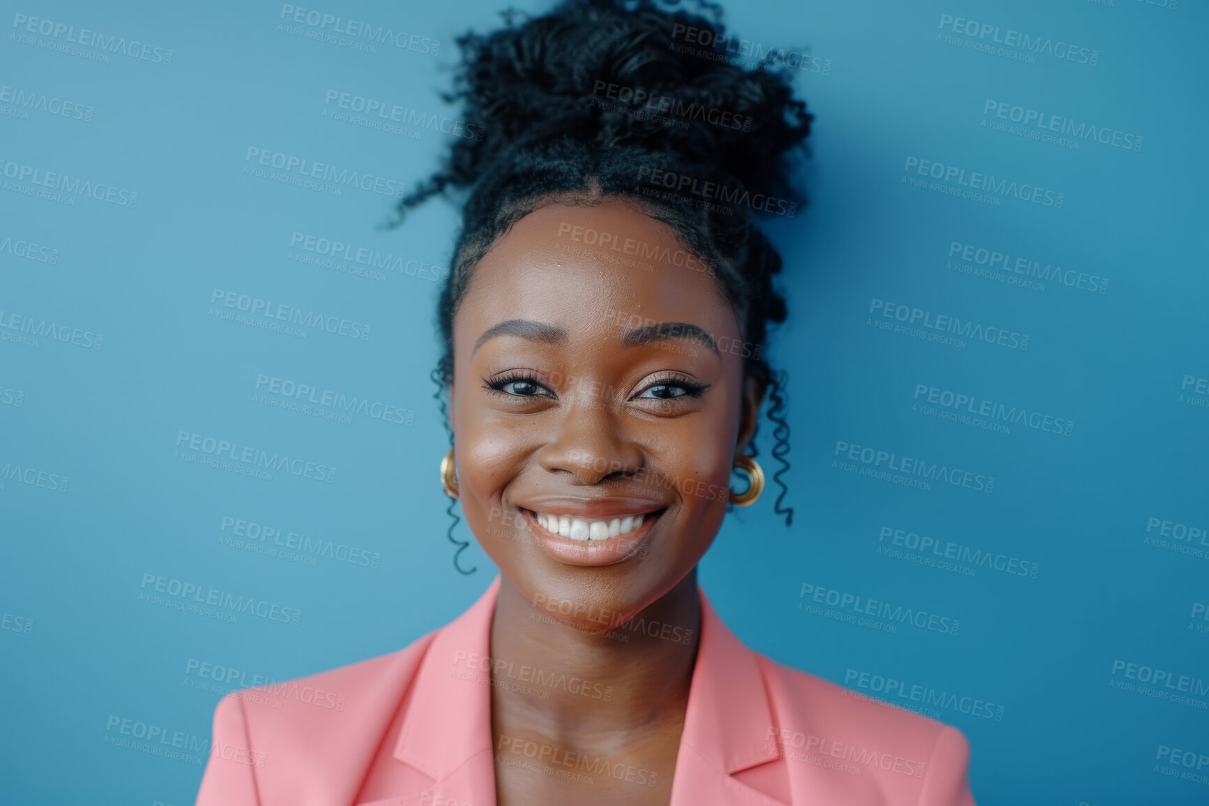 Buy stock photo Portrait, black woman and smile by blue background for business, career and creative designer. Female person, professional and ready for startup project, new opportunity and confident in studio