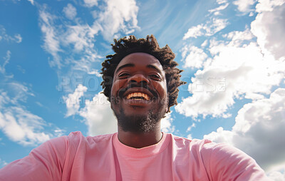 Portrait, selfie and sky with clouds for black man, happy and POV for smile. Photography, profile picture and social media for male person on holiday in nature, face and influencer and joyful travel