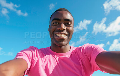 Portrait, selfie and sky with clouds for black man, happy and POV for smile. Photography, profile picture and social media for male person on holiday in nature, face and content creator and travel