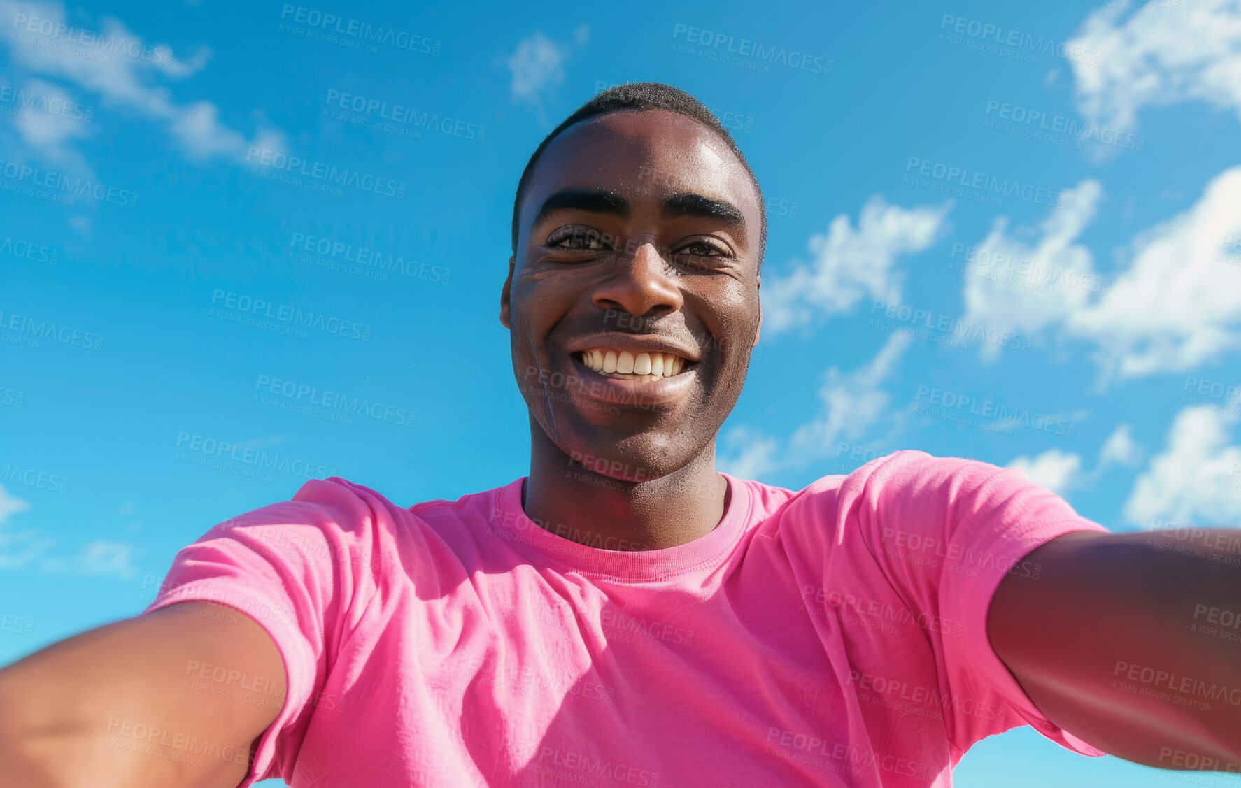 Buy stock photo Portrait, selfie and sky with clouds for black man, happy and POV for smile. Photography, profile picture and social media for male person on holiday in nature, face and content creator and travel