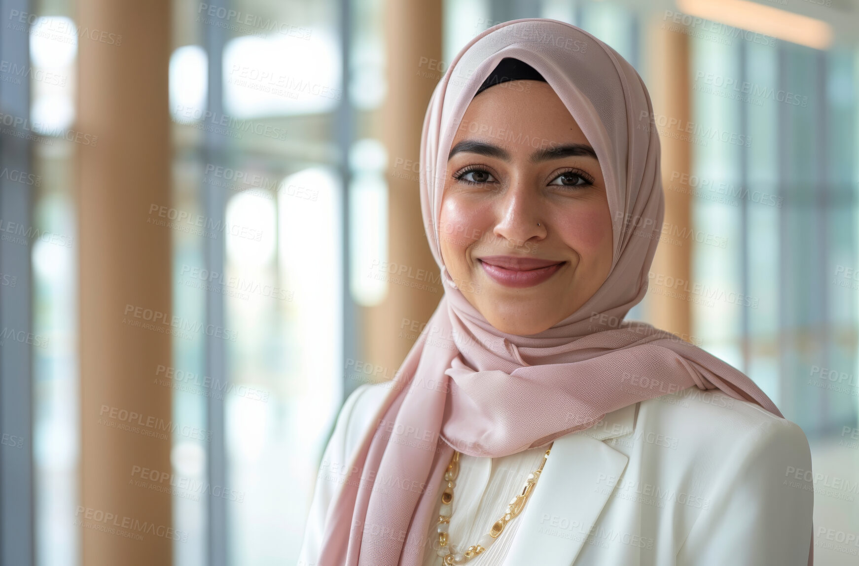 Buy stock photo Muslim, portrait and lawyer woman with hijab for confidence, smile and pride in law firm. Islamic, attorney and female person from Saudi Arabia for professional, employee growth or positive mindset