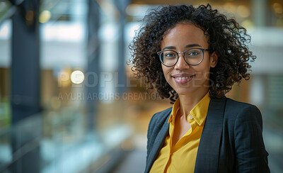 Black woman, portrait and happy employee in office, lawyer and work pride at law firm. Female person, entrepreneur and glasses for professional, startup company and career opportunity in Brazil