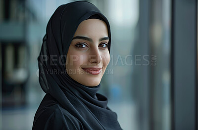 Islamic, portrait and business woman with hijab for confidence, smile and pride in law firm. Muslim, lawyer and female person from Syria for professional, employee growth or positive mindset