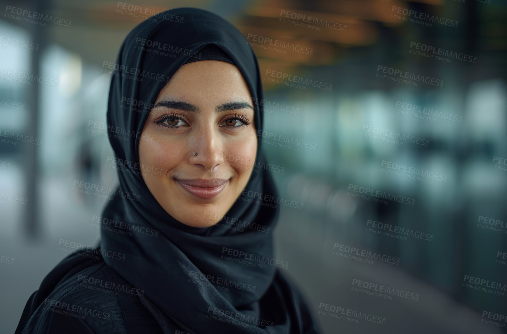 Buy stock photo Muslim, portrait and business woman with hijab for confidence, smile and pride. Islamic, bookkeeper and female person from Iraq with head scarf for professional, employee growth or positive mindset