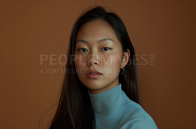 Asian woman, portrait and makeup in studio, beauty and clean cosmetics on brown background. Female person, mockup space and dermatology for skincare routine, proud and serious or attitude aesthetic