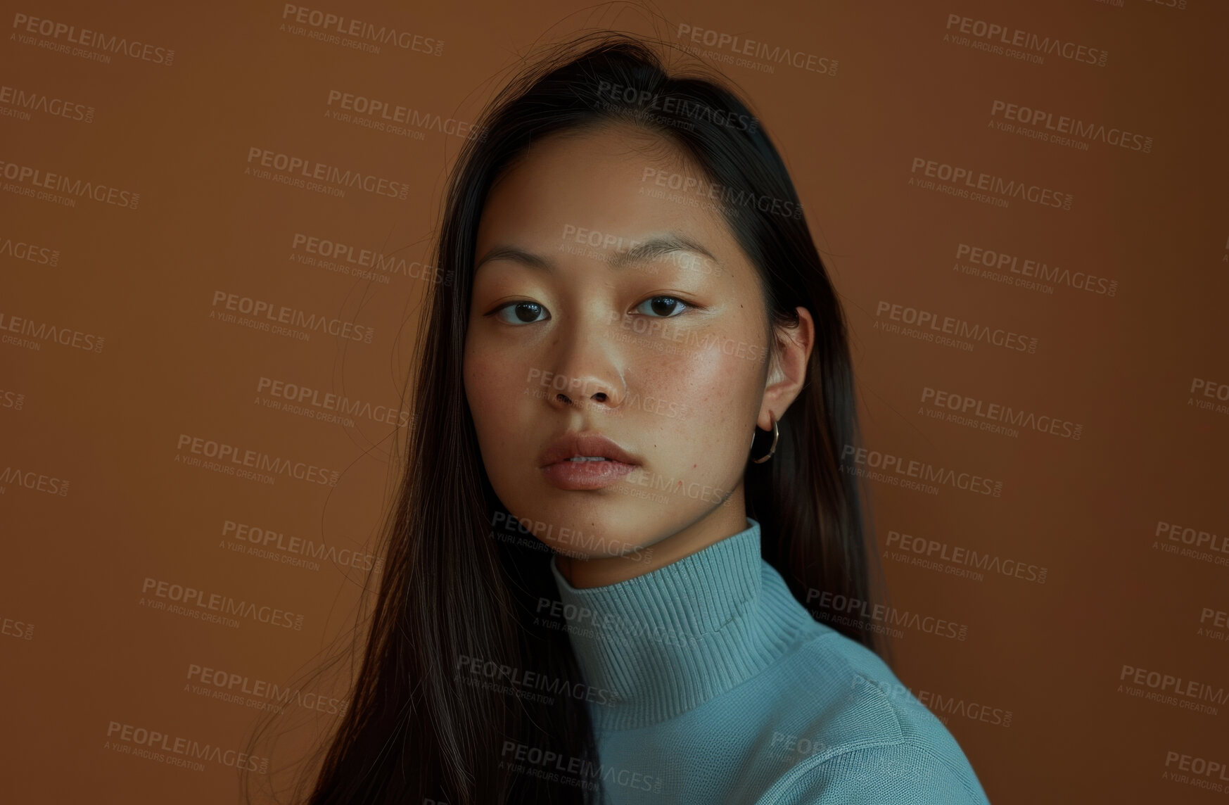 Buy stock photo Asian woman, portrait and makeup in studio, beauty and clean cosmetics on brown background. Female person, mockup space and dermatology for skincare routine, proud and serious or attitude aesthetic