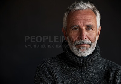 Mature man, studio and portrait with beard, confidence and corporate consultant isolated on grey background. CEO, mockup and company executive with professional ambition, management for businessman