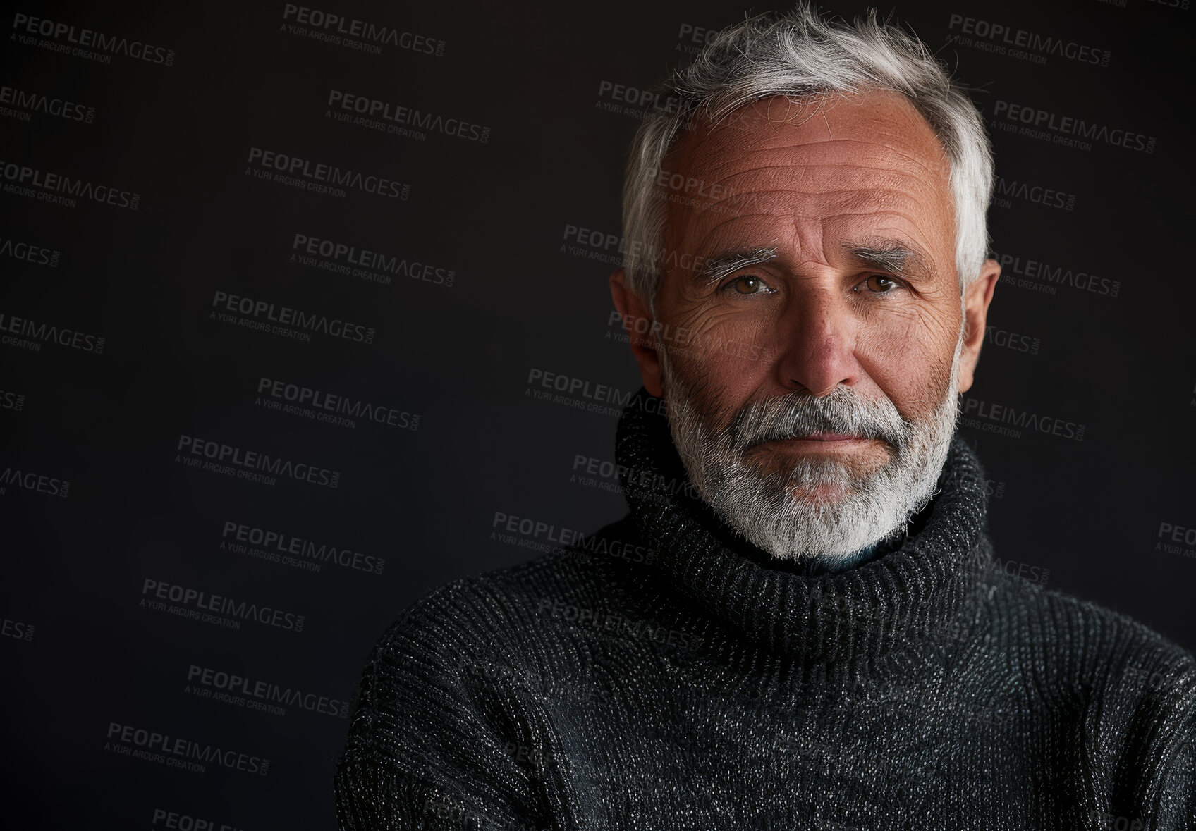 Buy stock photo Mature man, studio and portrait with beard, confidence and corporate consultant isolated on dark background. CEO, mockup and company executive with professional ambition, management for businessman