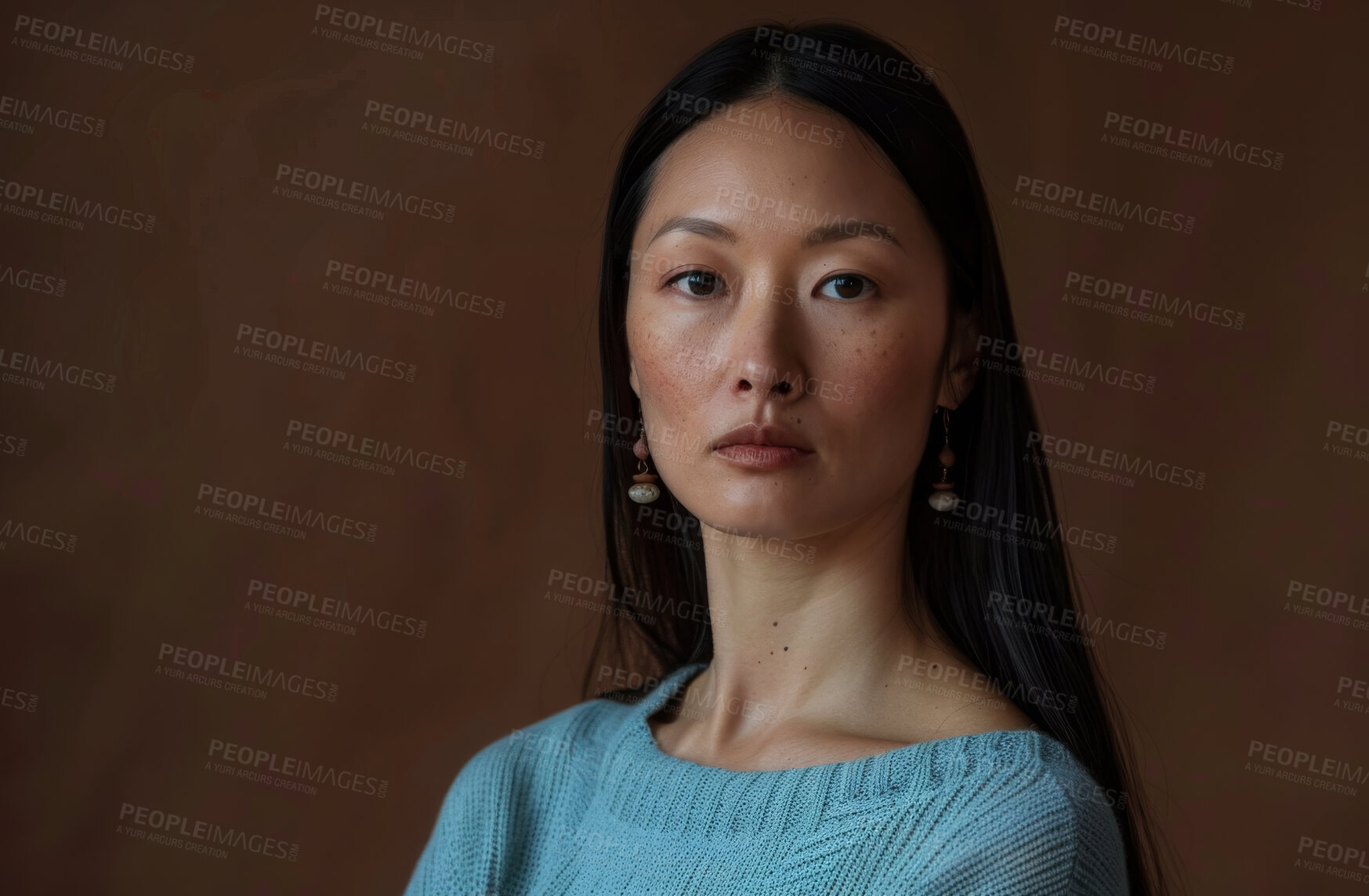 Buy stock photo Serious, business and portrait of Asian woman in studio for career, pride and confidence in job. Journalist, female person and face of reporter for production, hosting and media on brown background