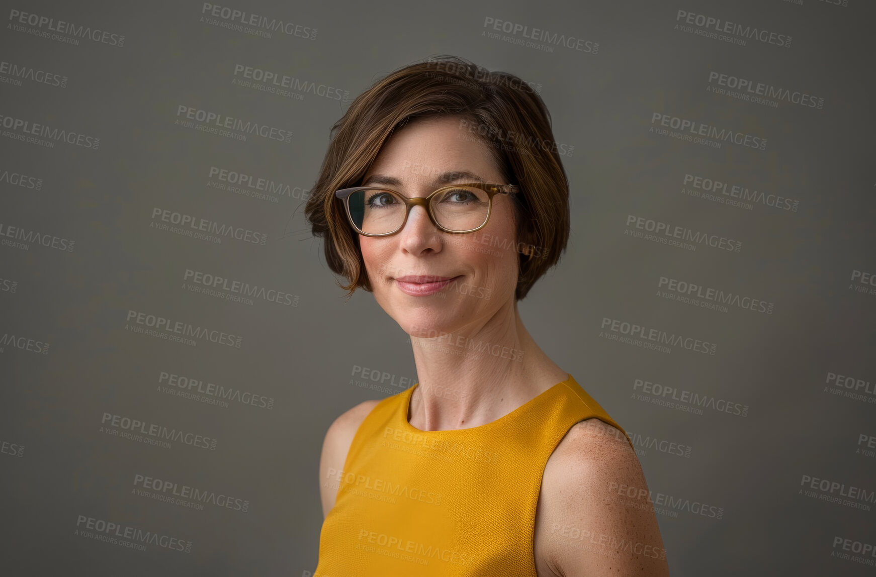 Buy stock photo Corporate, portrait and mature executive assistant in studio on gray background for administration. Confident, face and glasses with professional business woman at work for company mission or vision