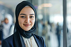 Muslim, portrait and receptionist woman with hijab for confidence, smile and pride in office. Islamic, secretary and female person from Qatar for professional, employee growth or positive mindset