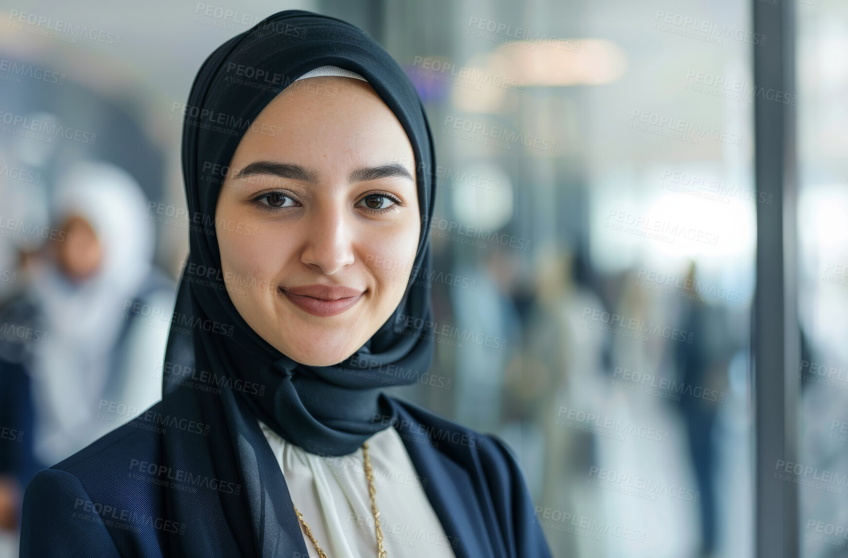 Buy stock photo Muslim, portrait and receptionist woman with hijab for confidence, smile and pride in office. Islamic, secretary and female person from Qatar for professional, employee growth or positive business