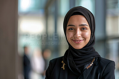 Islamic, portrait and receptionist woman with hijab for confidence, smile and pride in office. Muslim, secretary and female person from Palestine for professional, employee growth or positive mindset