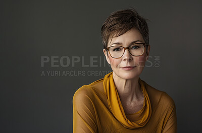Confident, portrait and mature executive assistant in studio on gray background for administration. Corporate, face and glasses with professional business woman at work for company mission or vision