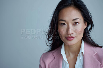 Asian woman, portrait and confident employee in studio, lawyer and pride on gray background. Female person, entrepreneur and mockup space for professional, attorney and career opportunity in law firm
