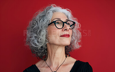 Buy stock photo Senior, woman and glasses in studio or thinking for fashion, clothes or cool on red background. Mature, female person and spectacles on backdrop with thought for retirement, makeup or cosmetics