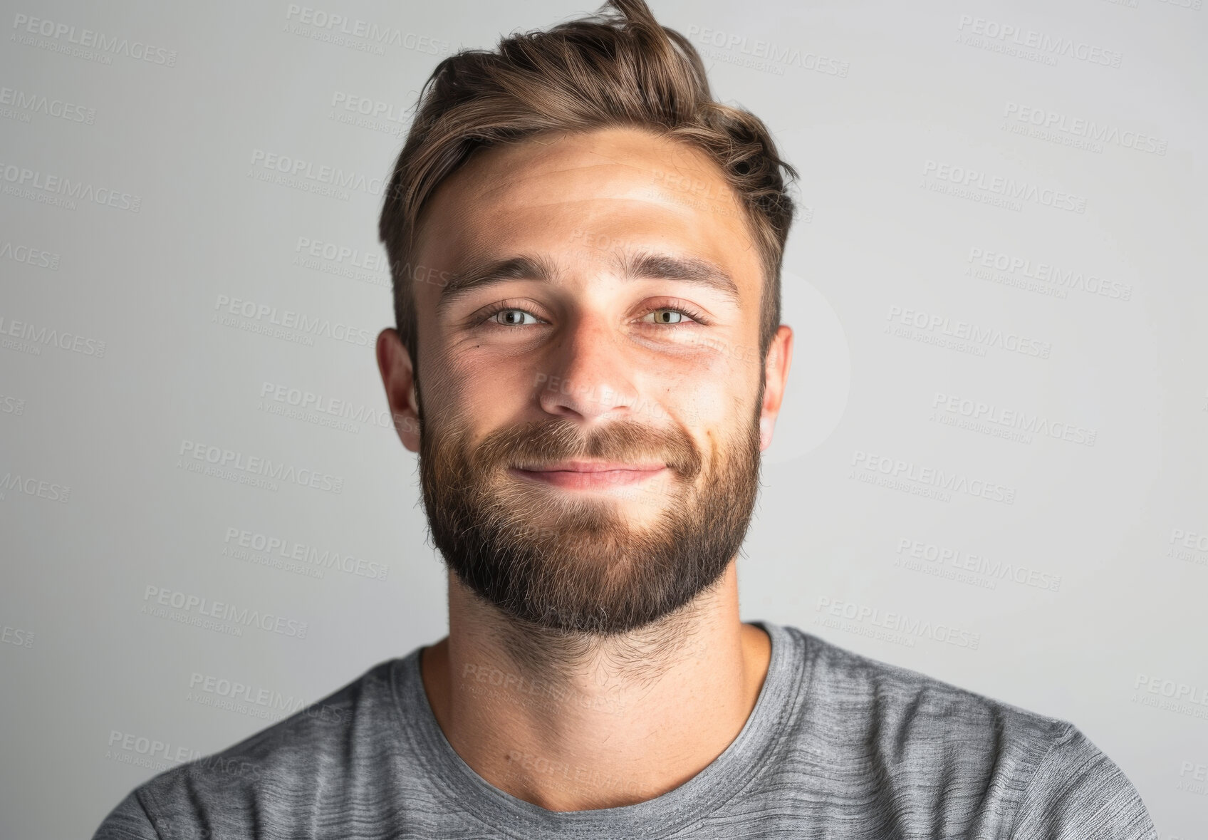 Buy stock photo Man, portrait and studio with smile, confidence and beard isolated on white background. Model, mockup and satisfaction with skincare, glow and natural treatment for cosmetic dermatology and hygiene