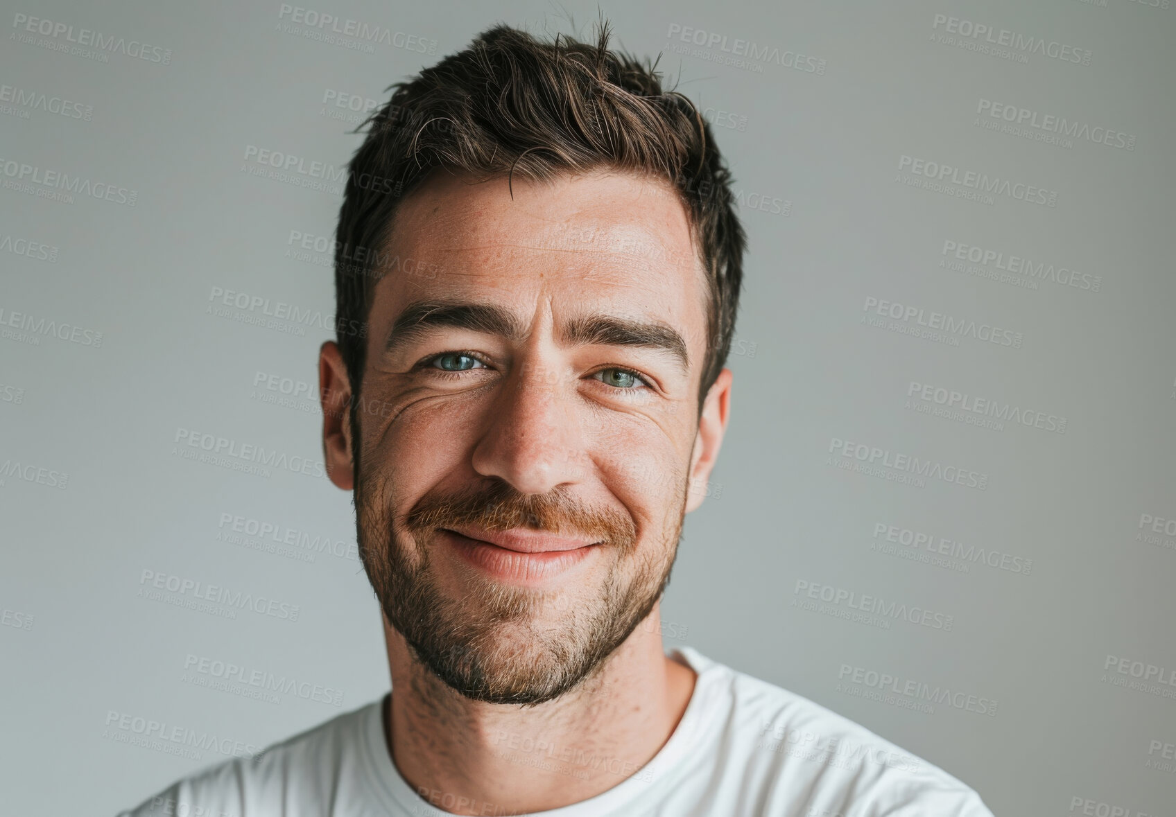 Buy stock photo Model, portrait and studio with smile, confidence and beard isolated on white background. Man, mockup and satisfaction with skincare, glow and natural treatment for cosmetic dermatology and hygiene