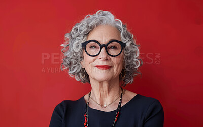 Mature woman, portrait and designer employee in studio, happy and CEO pride on red background. Female person, entrepreneur and mockup space for professional, confident and career opportunity in Italy