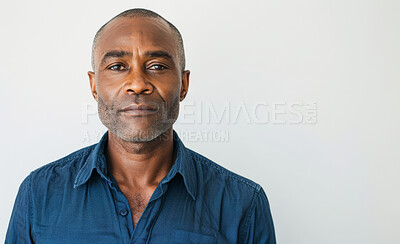 Buy stock photo Studio, serious and portrait of black man with confidence for psychology career, service and job. Mature person, psychologist and face with space for mental health, pride and help on white background