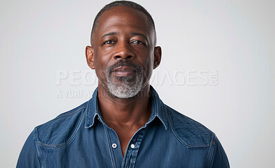 Buy stock photo Studio, smile and portrait of black man with pride for industrial job, career and business. Mature person, engineer and face with confidence for construction, industry and service on white background