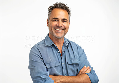 Buy stock photo Happy, crossed arms and portrait of man in studio with positive, satisfaction and confident attitude in Mexico. Smile, pride and mature male architect isolated by white background with mockup space