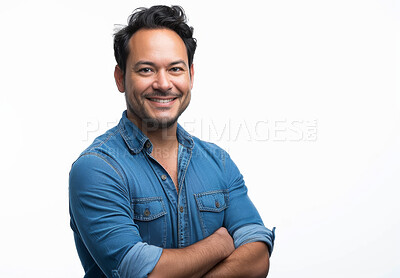 Buy stock photo Smile, crossed arms and portrait of man in studio with positive, good and confident attitude from Mexico. Happy, pride and handsome male graphic designer isolated by white background with mockup.