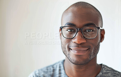 Smile, glasses and portrait of black man in studio with positive, good and confident attitude from Nigeria. Happy, vision and male person with spectacles isolated by white background with mockup.