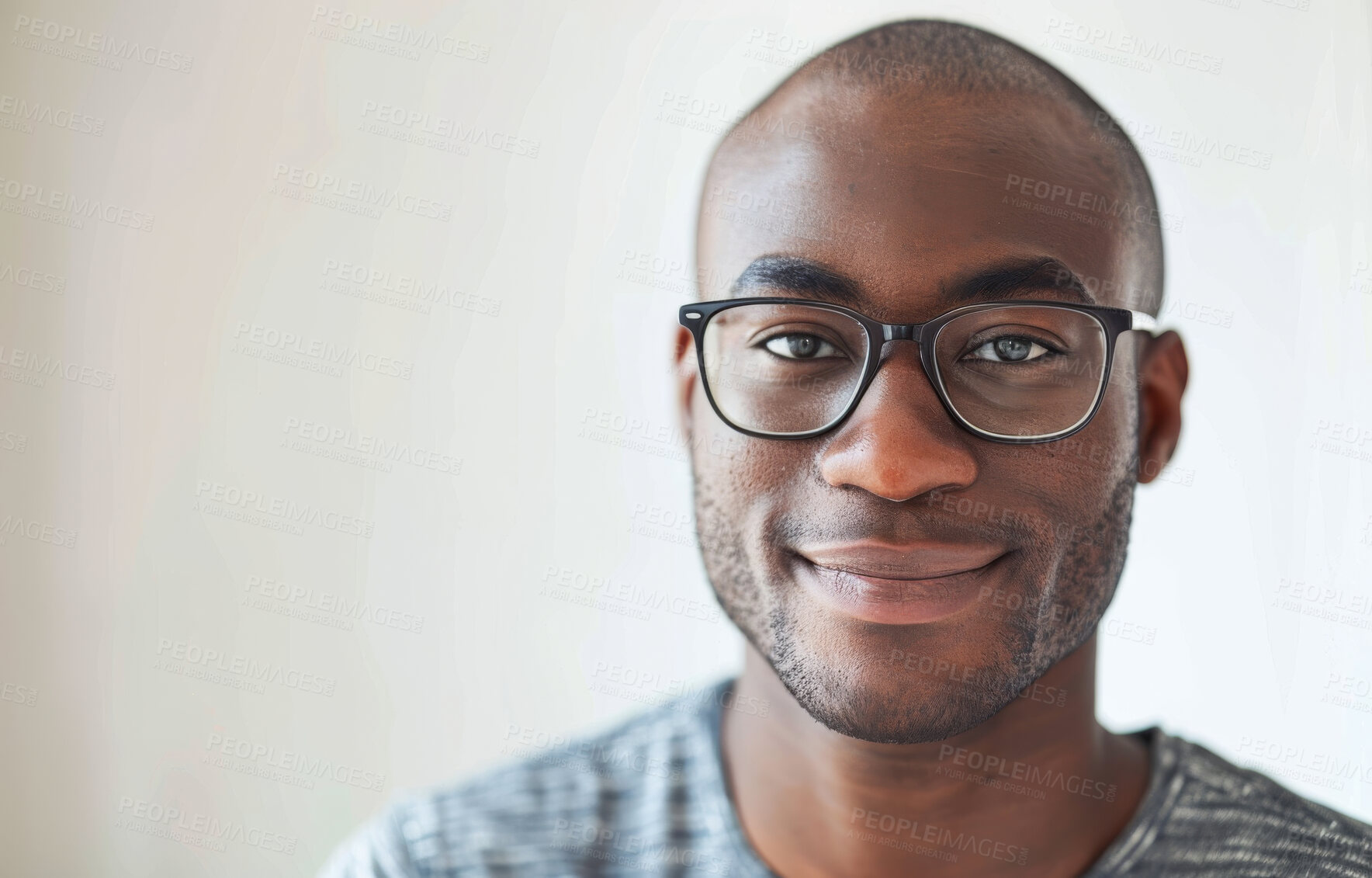 Buy stock photo Smile, glasses and portrait of black man in studio with positive, good and confident attitude from Nigeria. Happy, vision and male person with spectacles isolated by white background with mockup.