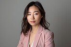 Business, studio and portrait of woman with smile for legal justice, professional career and job. Lawyer, employee and Asian person with pride for corporate, law and company and on gray background