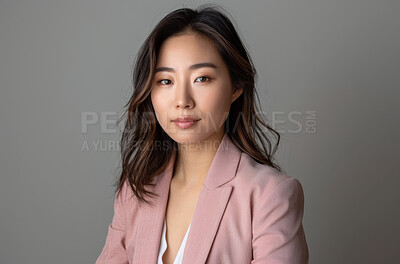 Business, studio and portrait of woman with smile for legal justice, professional career and job. Lawyer, employee and Asian person with pride for corporate, law and company and on gray background
