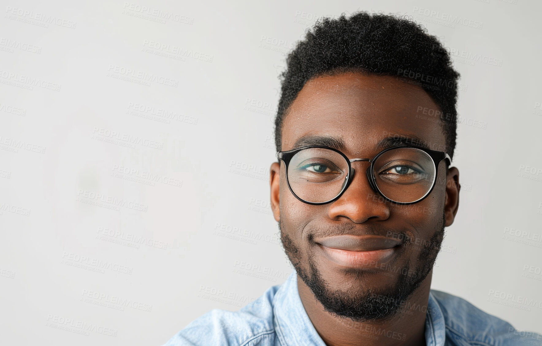 Buy stock photo Black man, portrait and smile in studio for business confidence with glasses, mockup space or white background. Male person, face and financial advisor for corporate professional, growth or career