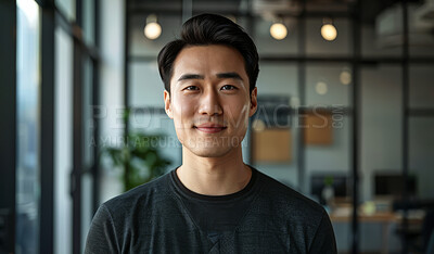 Smile, confidence and portrait of Asian man at startup with professional career opportunity at design office. About us, business entrepreneur and happy face of consultant at creative agency in Japan.