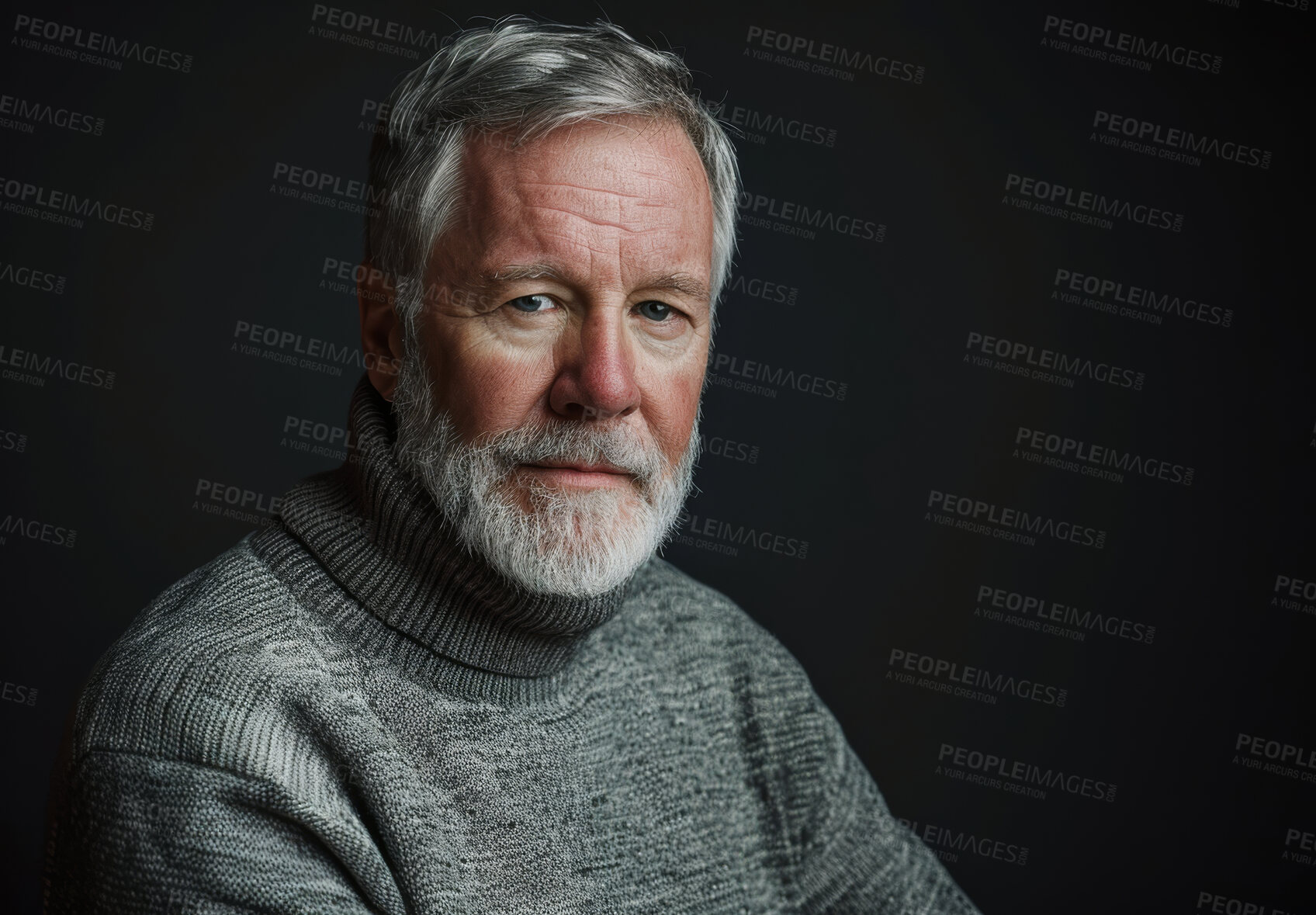 Buy stock photo Mature man, studio and portrait with consultant, beard and corporate confidence isolated on grey background. CEO, mockup and company executive with professional ambition, management for businessman