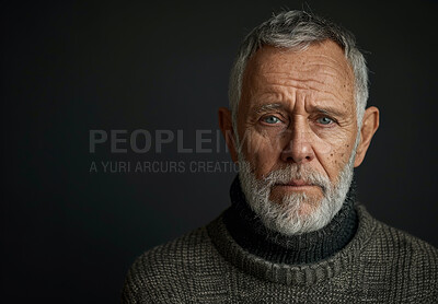 Buy stock photo Senior man, studio and portrait with retirement, mockup and alzheimers for treatment isolated on grey background. Mature model, elderly person and memory loss with anxiety, depression and reflection