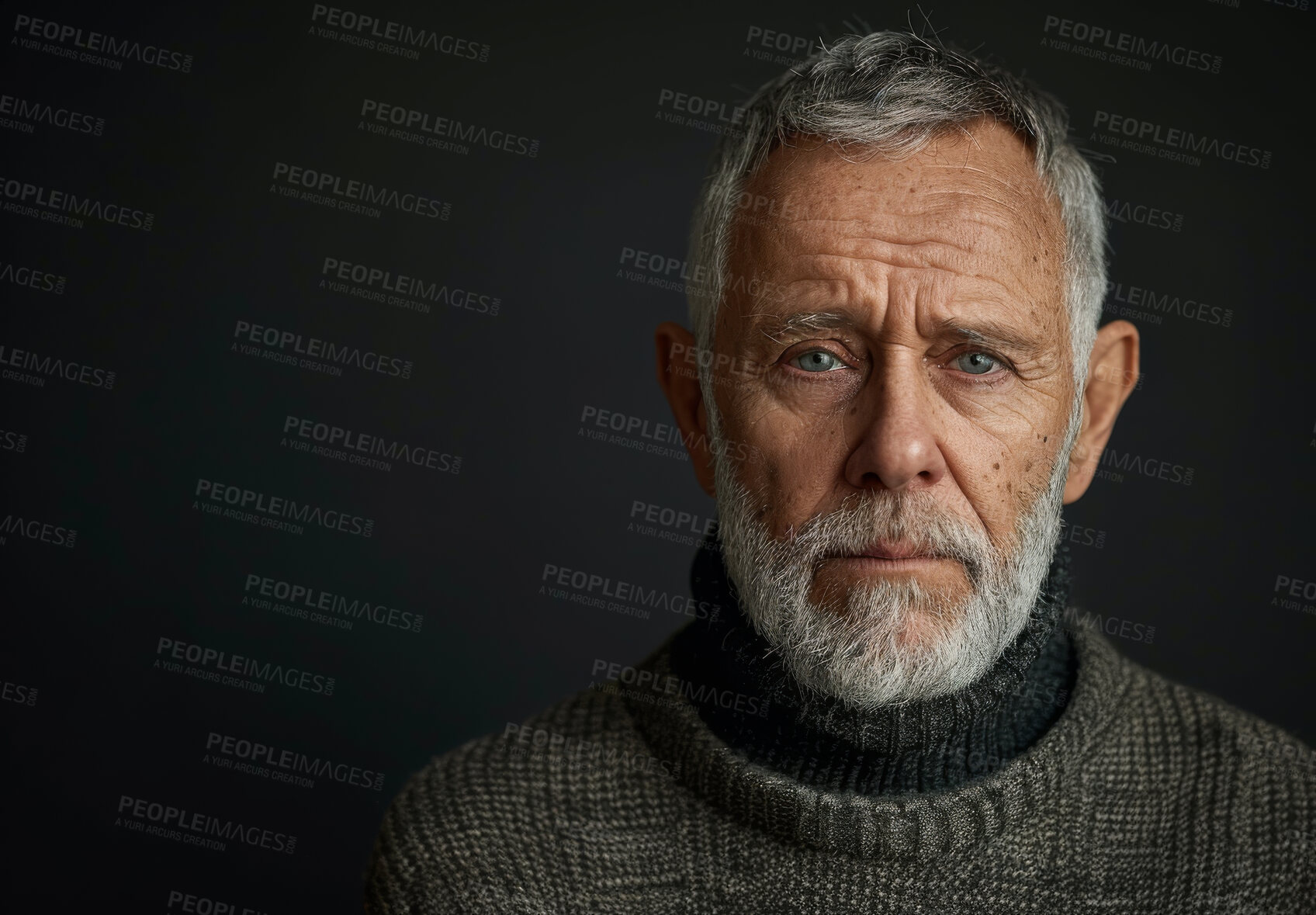 Buy stock photo Senior man, studio and portrait with retirement, mockup and alzheimers for treatment isolated on grey background. Mature model, elderly person and memory loss with anxiety, depression and reflection