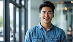 Smile, confidence and portrait of Asian man in office with professional career opportunity at design startup. About us, business entrepreneur and happy face of consultant at creative agency in Korea.