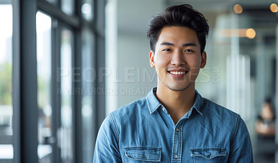 Smile, confidence and portrait of Asian man in office with professional career opportunity at design startup. About us, business entrepreneur and happy face of consultant at creative agency in Korea.