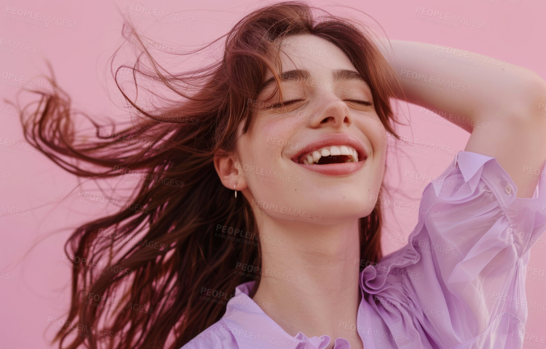 Buy stock photo Freedom, hair and woman in wind, smile and treatment for haircare, joy and cosmetics with happiness. Pink background, gen z and girl with eyes closed, beauty and shine of hairstyle of model with glow