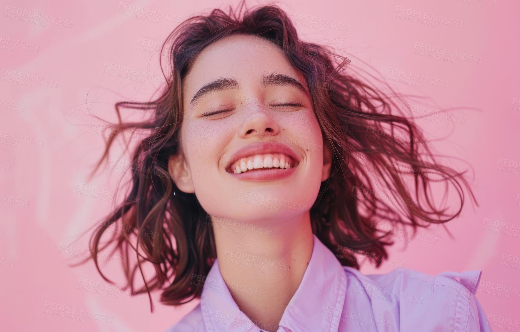 Buy stock photo Girl, happy or smile with eyes closed by pink background for good news, memory or makeup in studio. Female person, face or cheerful with nostalgia or idea for gen z fashion, stylish or cool by mockup