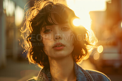 Buy stock photo Sunshine, travel and portrait of woman in city with pride for vacation, weekend journey and trip. Flare, female person and face with confidence for holiday, adventure and tourism outdoors in Russia