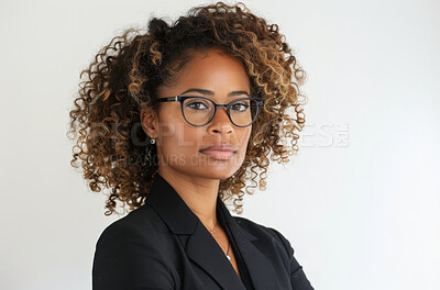 Law firm, portrait and black woman lawyer in glasses on studio white background for case or trial. Confident, court and mission with serious attorney in suit for council, law or legal representation
