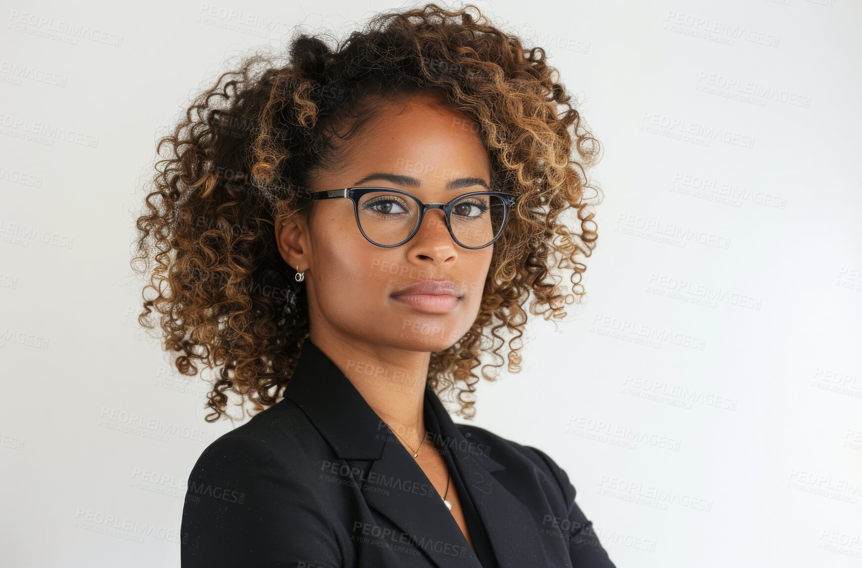 Buy stock photo Law firm, portrait and black woman lawyer in glasses on studio white background for case or trial. Confident, court and mission with serious attorney in suit for council, law or legal representation