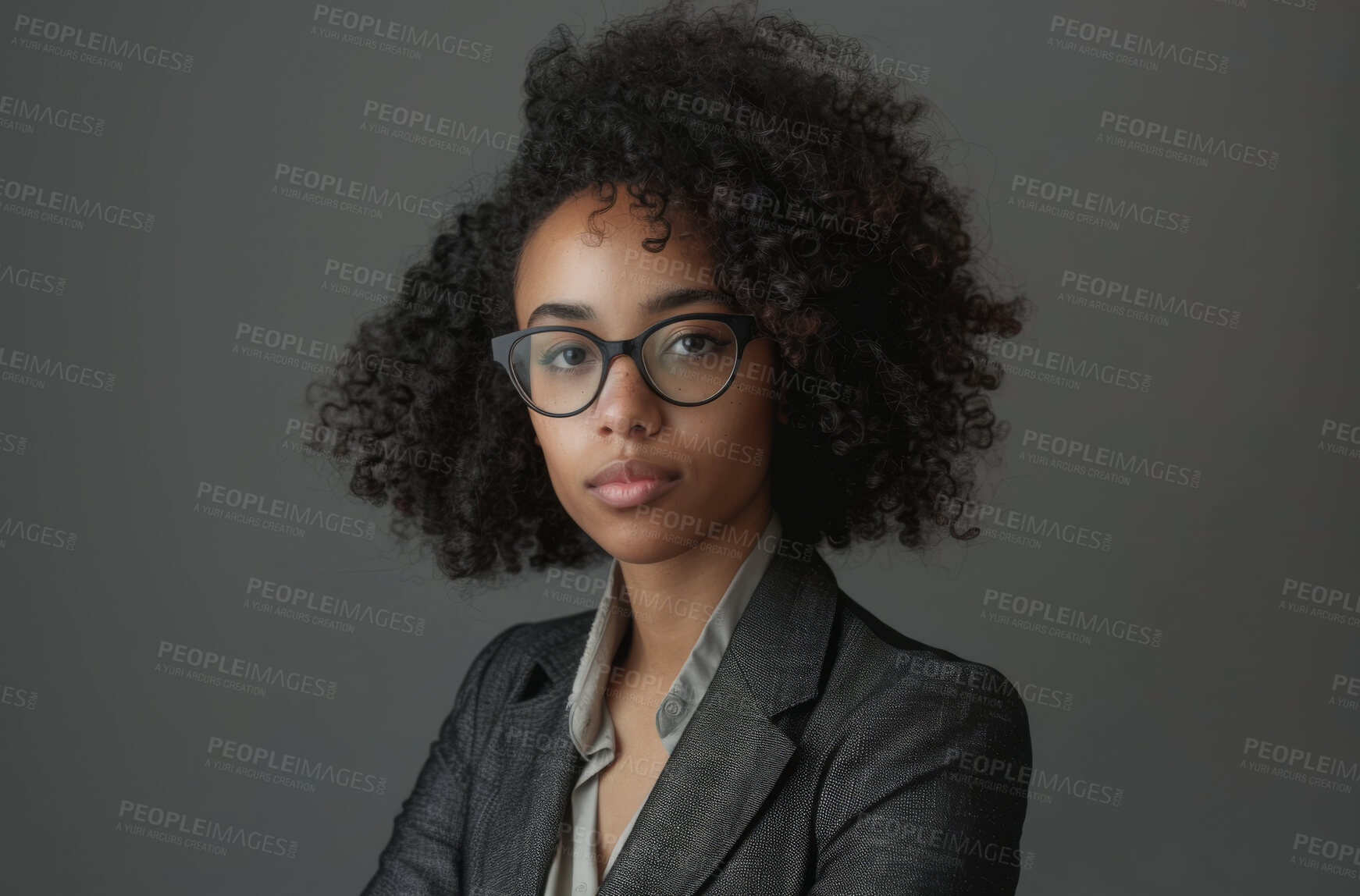 Buy stock photo Portrait, professional and black woman lawyer in glasses on studio gray background for court case. Confident, mission and suit with serious attorney in trial for council, law or legal representation