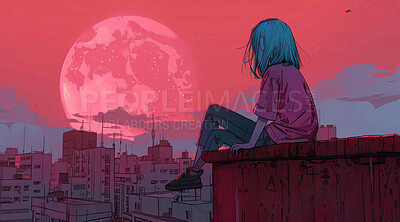 City, landscape and anime with girl for wallpaper, child and relax in Japan painting for graphic night sky. Art, illustration and kid on roof top, buildings and thinking on lunar eclipse with moon