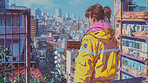 Balcony, city and cartoon of woman with view of buildings for wallpaper, design or background. Art, animation and back of female person on apartment rooftop in town for abstract design in Hong Kong.