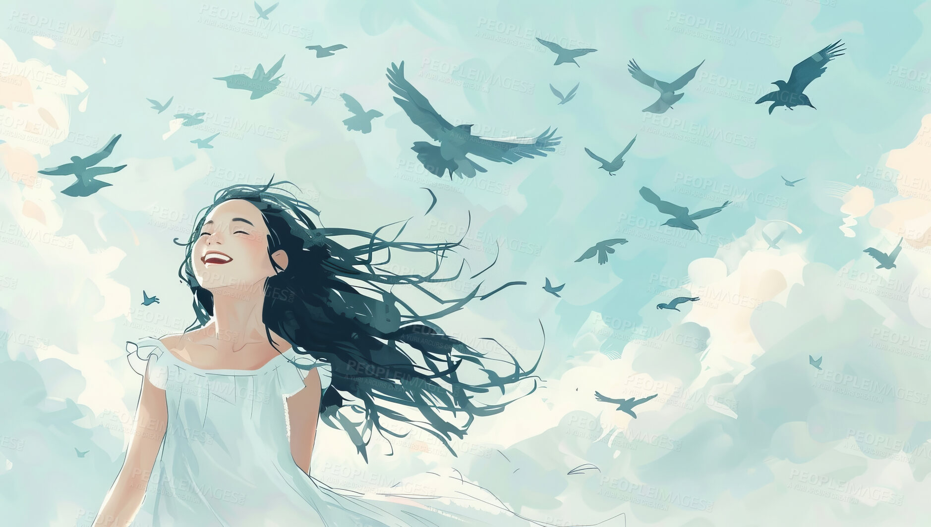 Buy stock photo Anime, girl and art with paint for wallpaper, screensaver and birds with blue sky or clouds. Illustration, abstract and happy cartoon or character with scenery, artwork and creativity with design