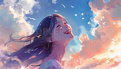 Smile, funny and girl outdoor at sunset with sky, clouds and nature on a background wallpaper. Happy teen, excited or laugh for comedy with illustration, art and anime painting with birds in summer